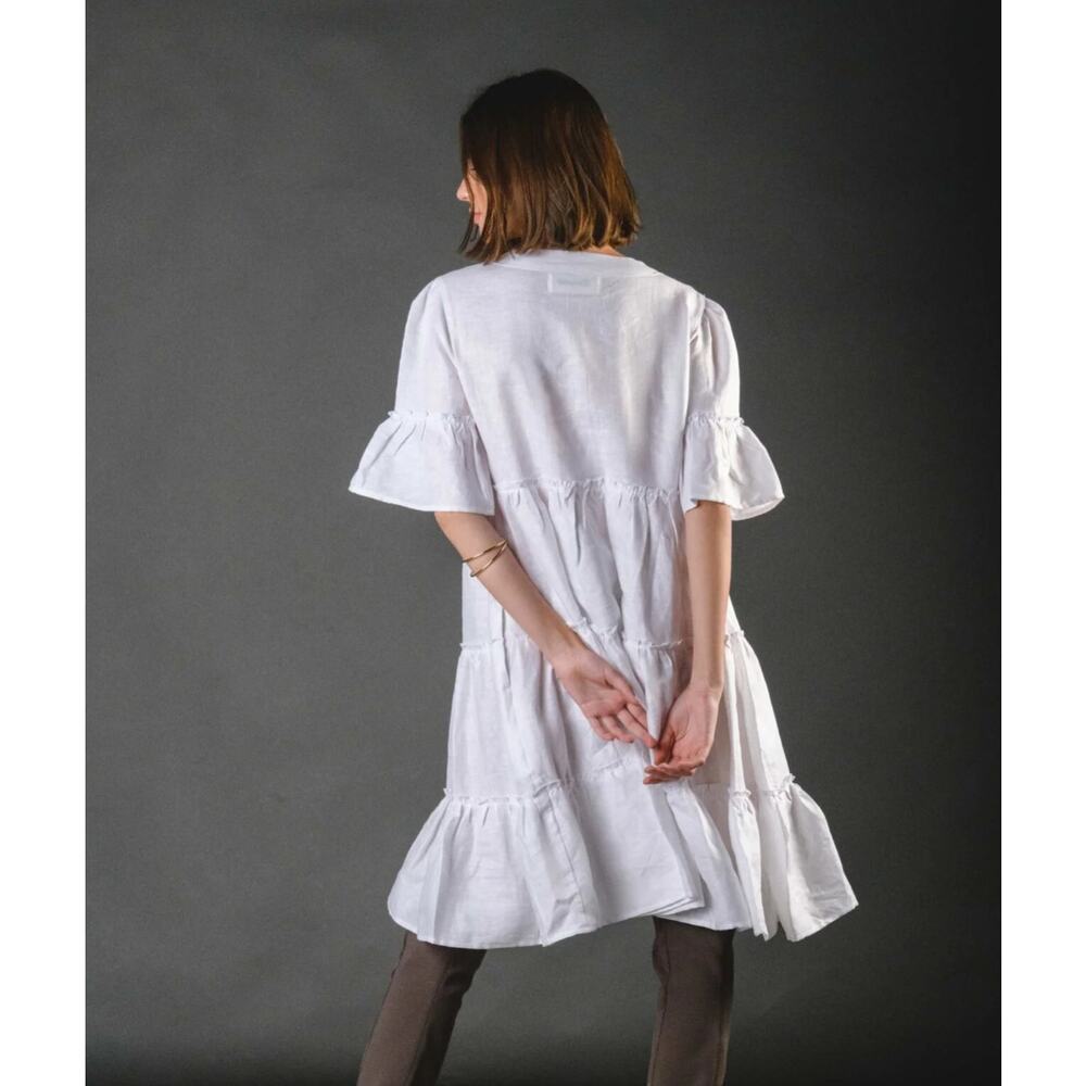 CLAUDE TULUM Natural Dress Tiered Cotton V-Neck Flounce 3/4 Sleeves White Medium - Picture 3 of 15
